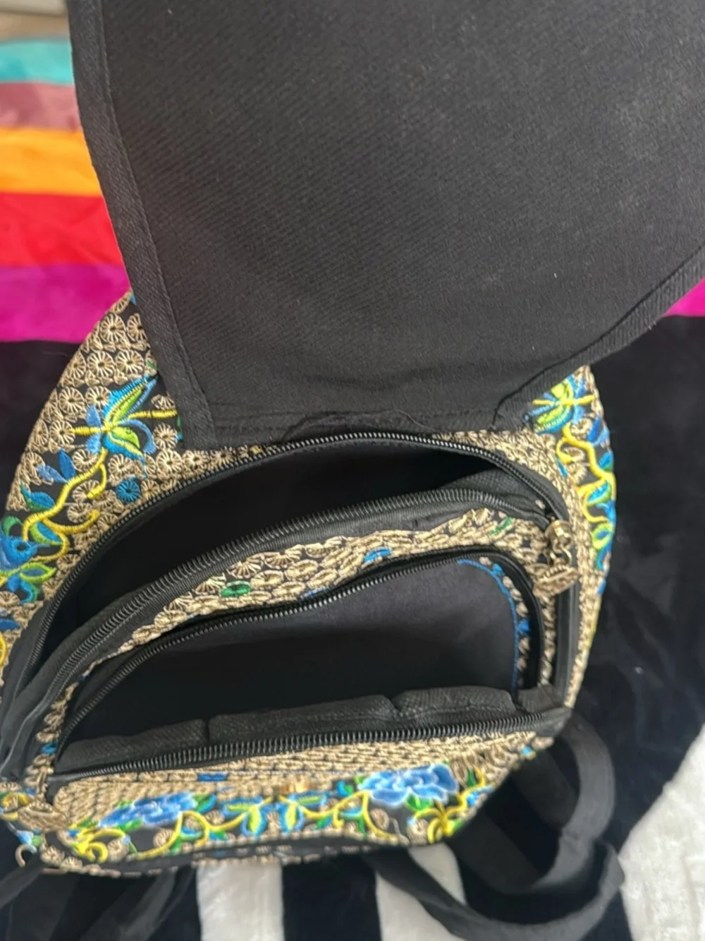 Panama Black Backpack with Blue & Green Floral Embroidery